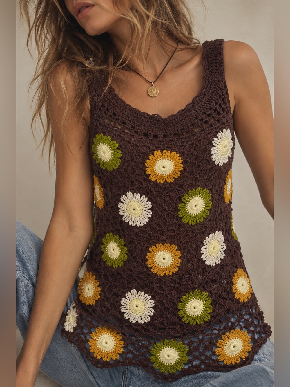 Brown Crochet Daisy Flower Tank Top Boho 70s Cottagecore Small